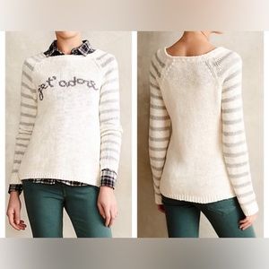 Anthropologie MOTH Sweater French JE T'ADORE Love Stripes Silver size small